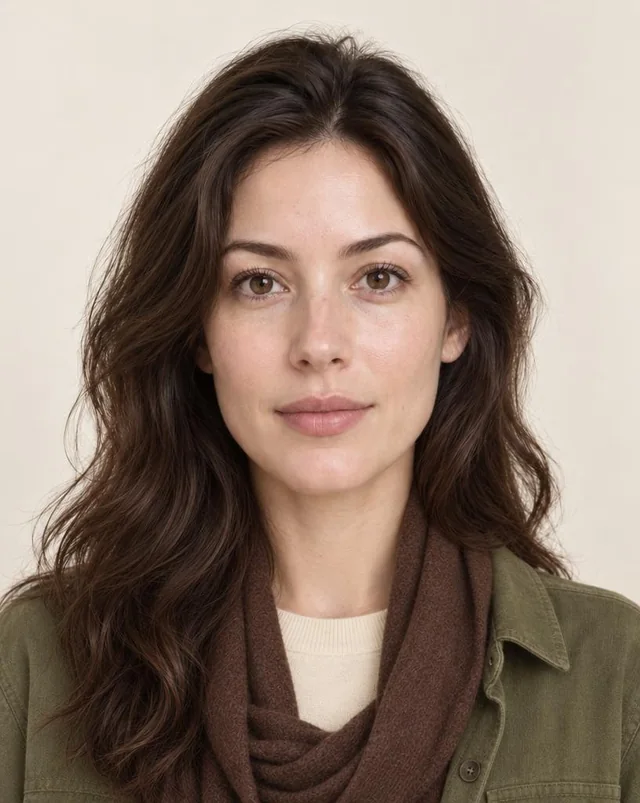 The same demo woman in a cream top, olive overshirt and chocolate scarf, generated by the color analysis tool