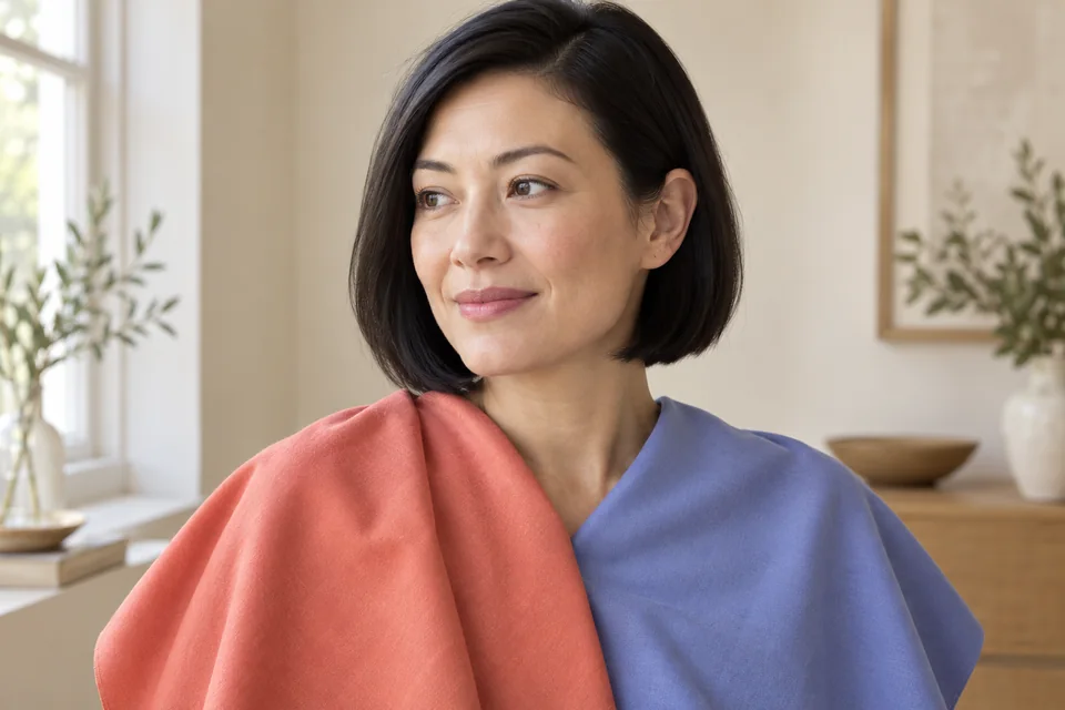 AI-generated illustration of a short-haired woman comparing coral and cool blue fabrics in natural light