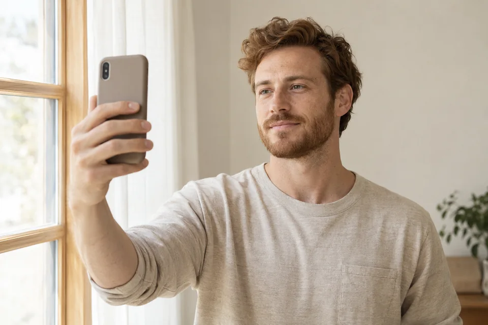 AI-generated scene of a man preparing a smartphone selfie beside a window, with his hair and eyes clearly visible