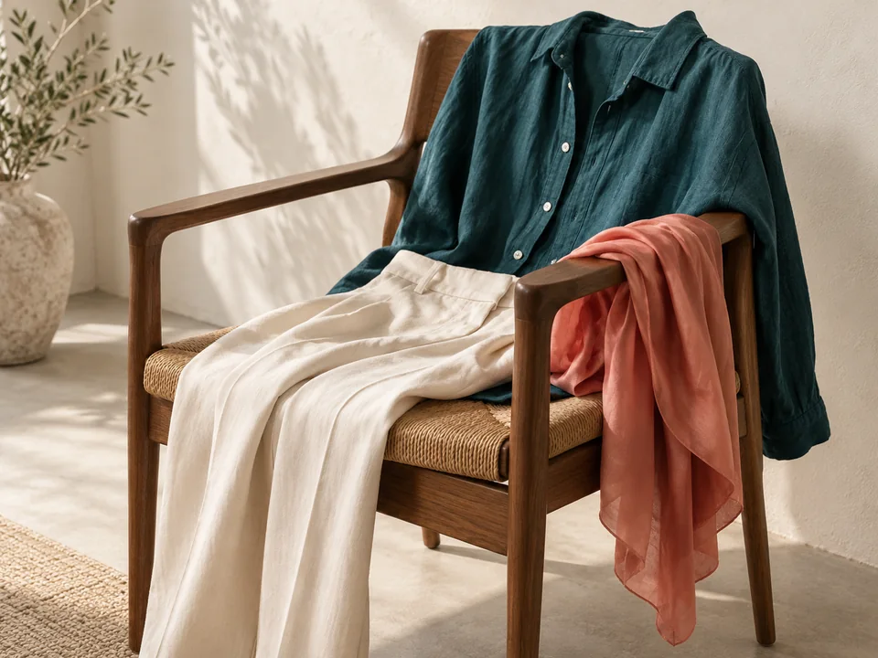 Teal linen shirt, cream trousers and a coral silk scarf draped over a wooden chair in a warm ivory room