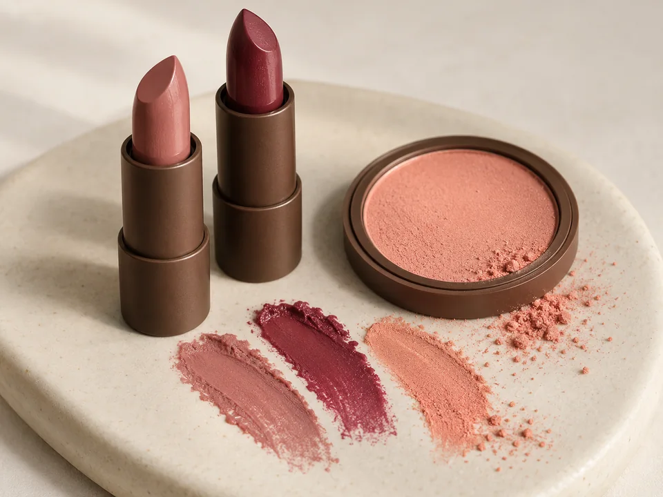 Dusty pink and berry lipsticks, peach blush and textured makeup swatches on ivory ceramic