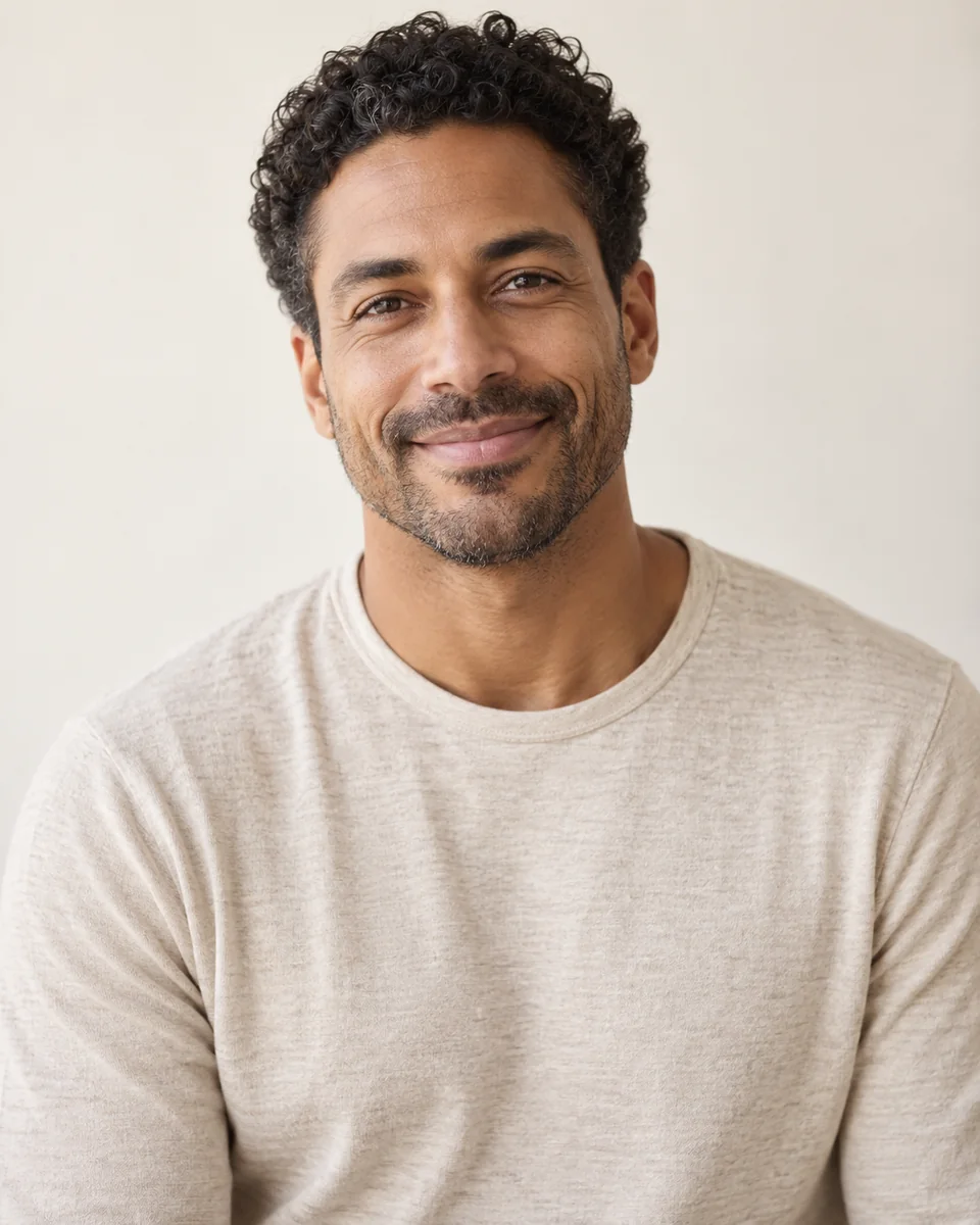A man with a relaxed smile looking at the camera in natural light