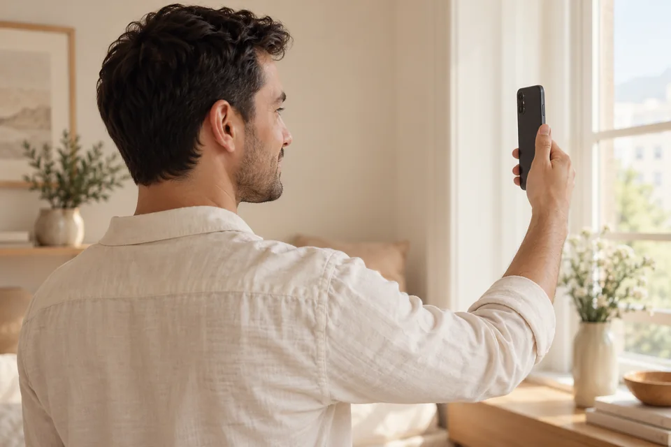 Over-the-shoulder view of a person holding a phone at eye level by a window