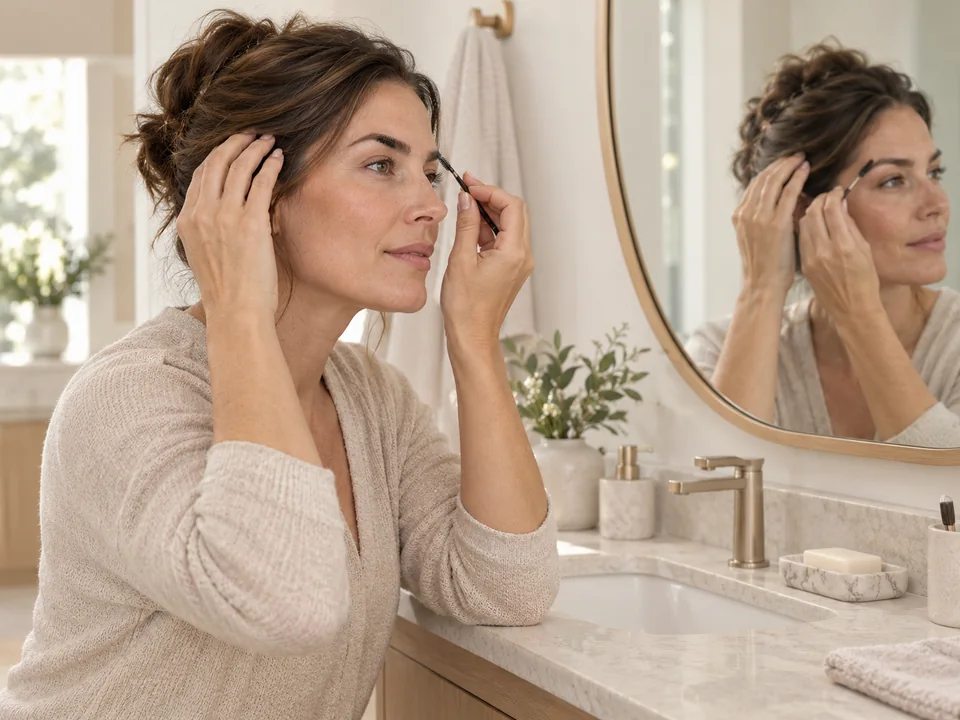 A person smoothing their hair and brows in front of a bathroom mirror