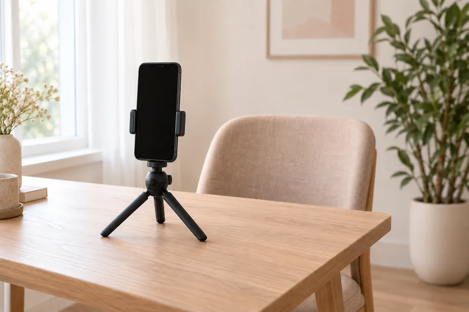 A phone on a small tripod at seated eye level beside a window, with a chair and a plant