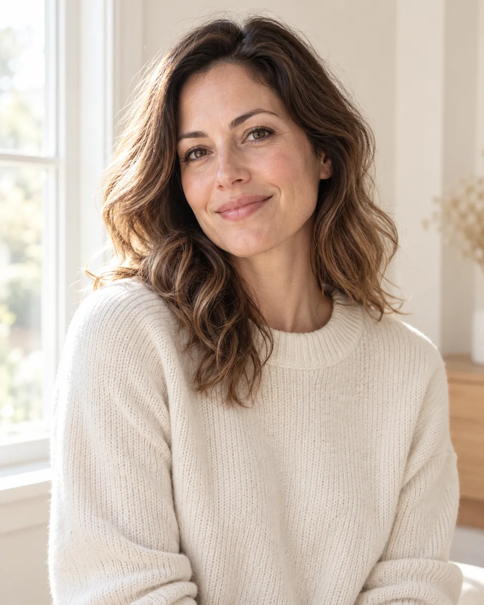 A woman smiling softly beside a window in diffuse daylight