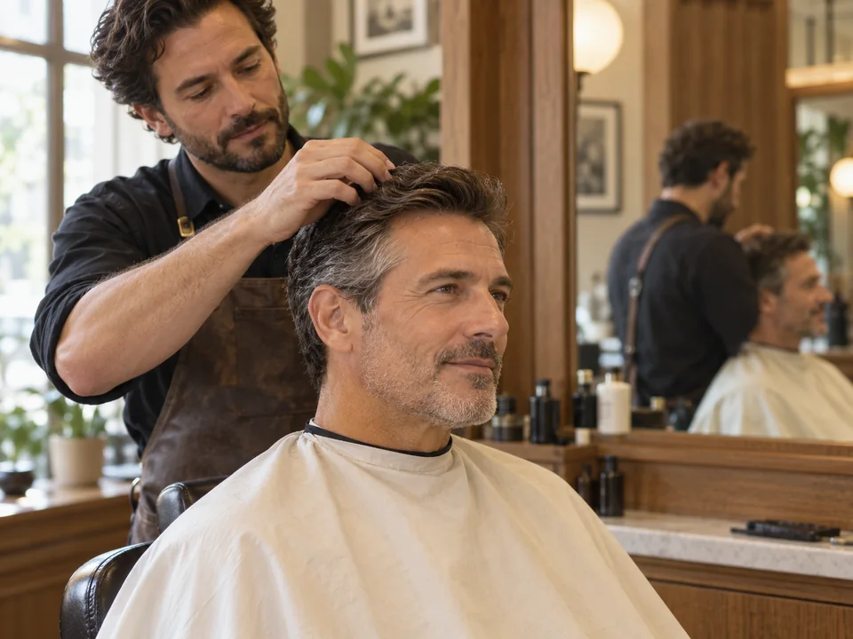 A barber running fingers through a man’s dark, graying hair at a barbershop mirror