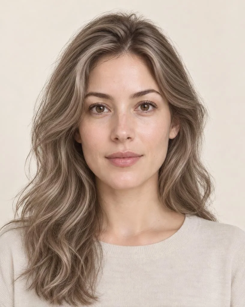 The same model with ash blonde hair, generated by the AI hair color changer