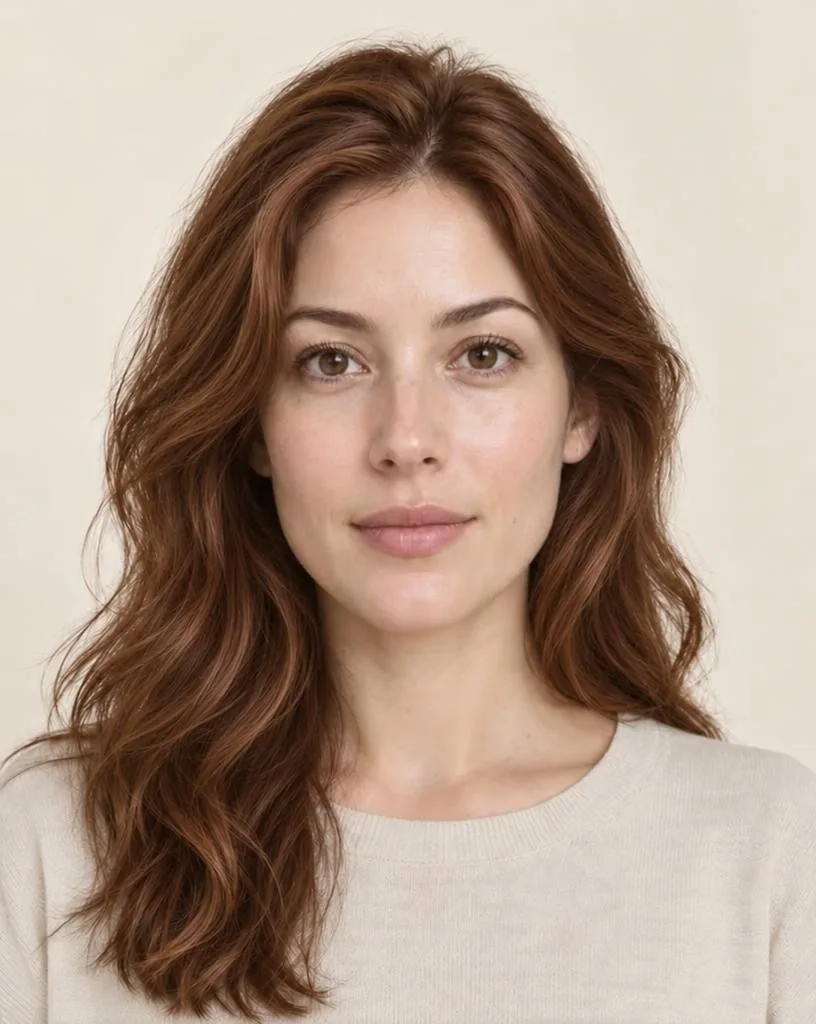 The same model with copper hair, generated by the AI hair color changer