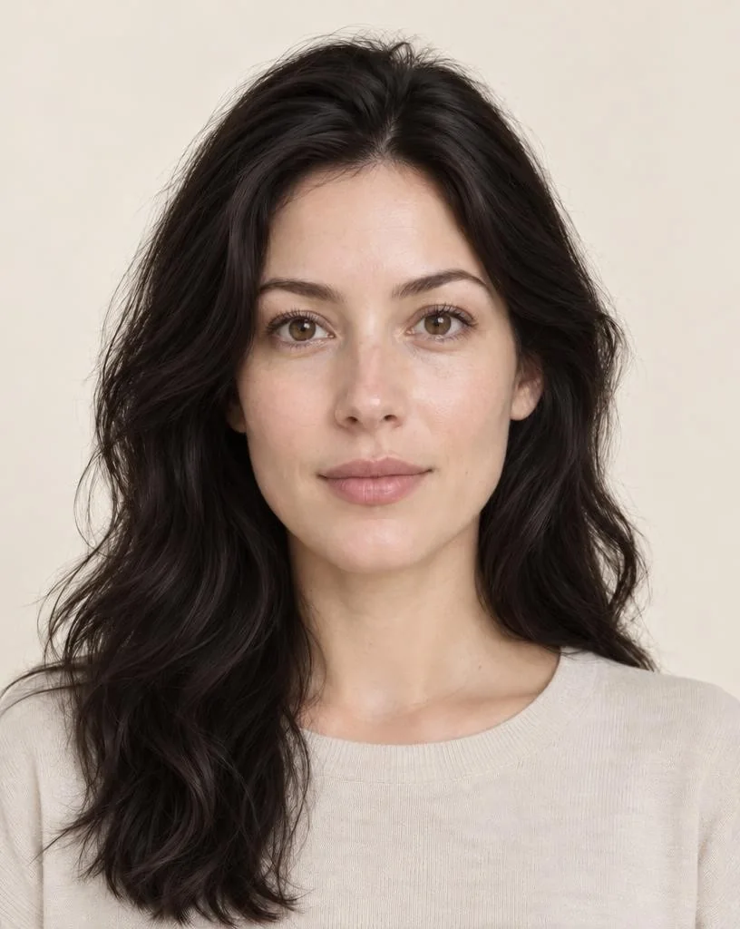 The same model with espresso hair, generated by the AI hair color changer
