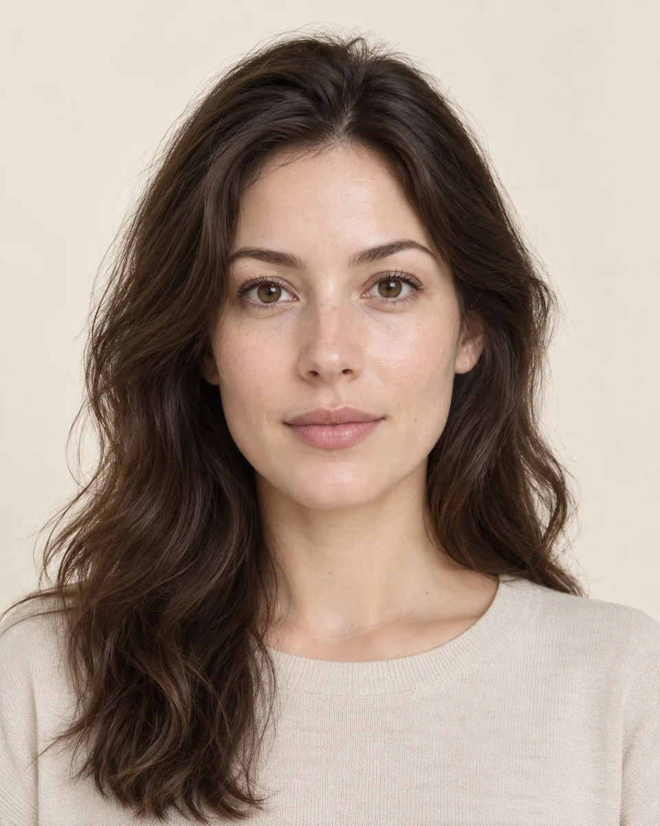 Original photo of the AI demonstration model with dark brown wavy hair