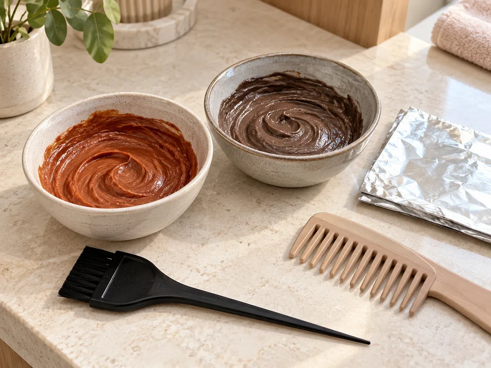 Two ceramic bowls of copper and dark brown hair dye with brushes, foils and a comb on a stone counter