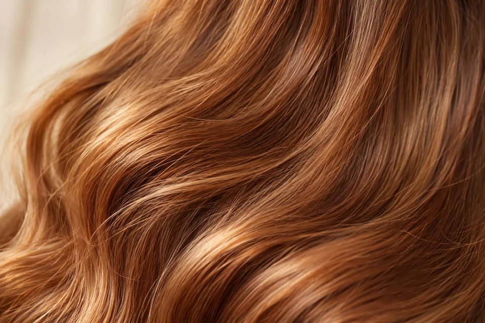 Close-up of glossy colored hair strands shading from copper to caramel