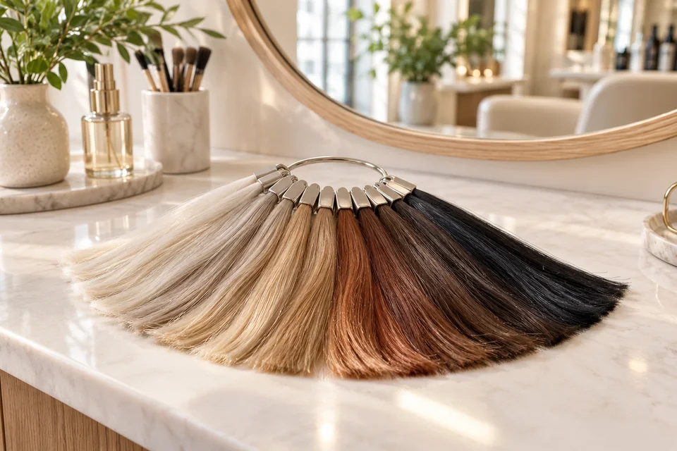 A fan of real hair swatches from platinum and honey blonde to copper, chestnut and blue-black on a salon counter